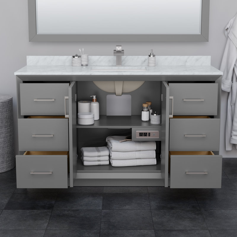Meuble-lavabo simple 60 po avec plateau Strada, Gris foncé, Quartz Giotto, Noir mat