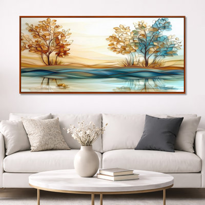 Brun bleu, brun et bleu, coucher de soleil sur le lac Simplicity I - impressions sereines encadrées, décoration murale nature