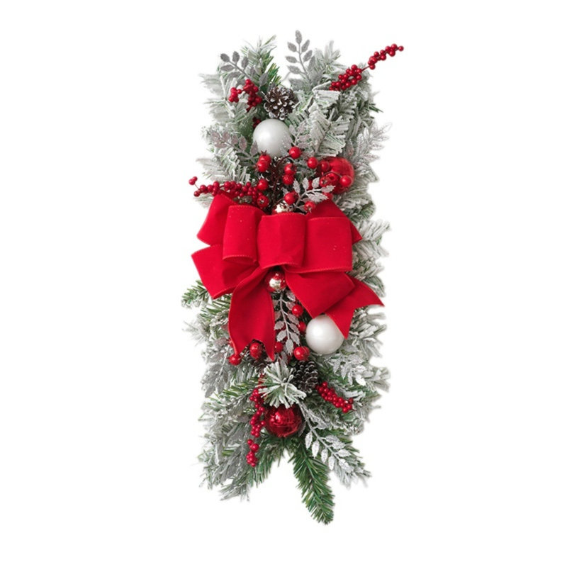 Décoration de Noël artificielle en forme de larme (55 cm) avec nœud rouge, baies et pommes de pin givrées, à suspendre à la porte d'entrée ou au mur.