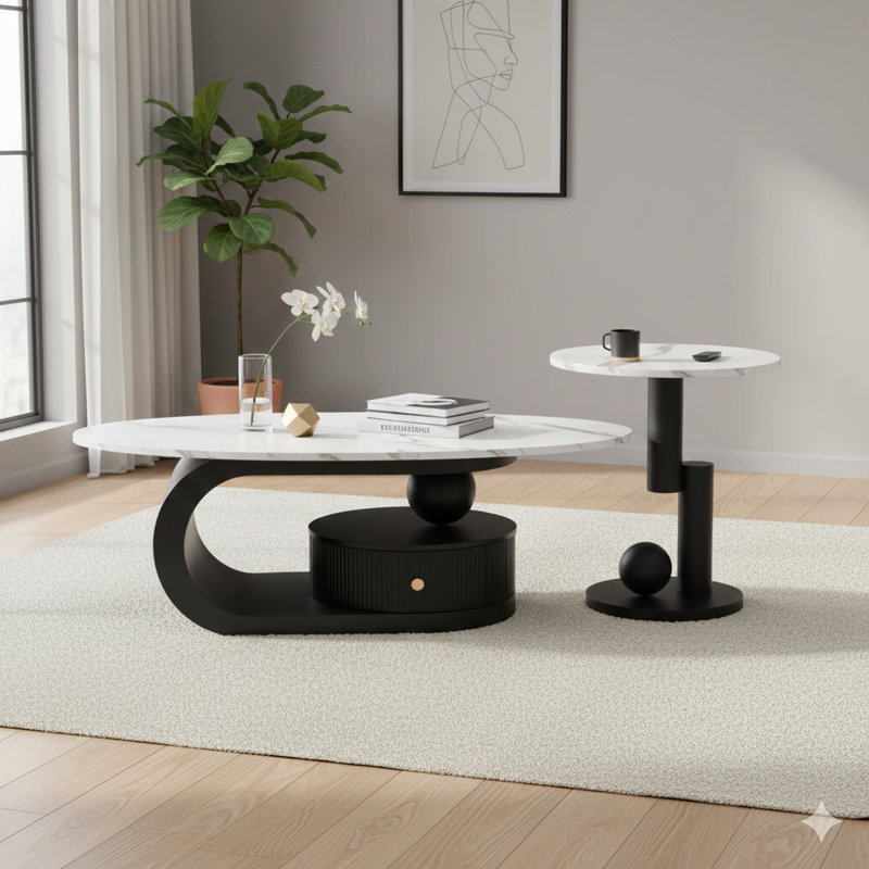 Ensemble contemporain de 2 tables basses et d'appoint empilables pour le salon, comprenant des tables ovales et rondes