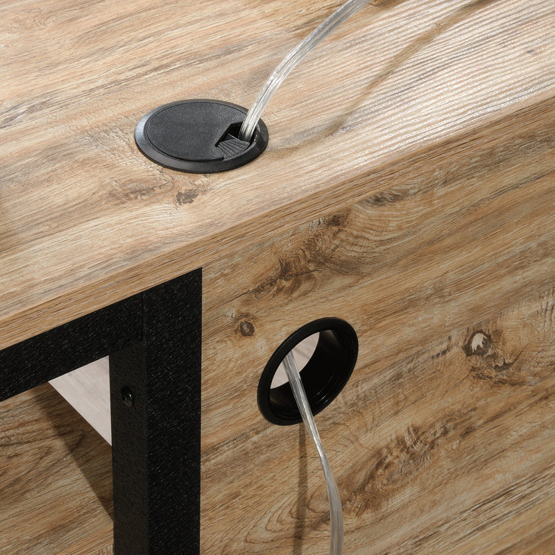 L-Shaped Metal Base Executive Desk, Milled Mesquite