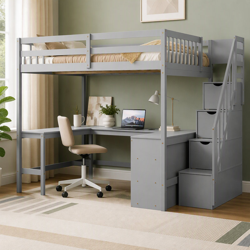 Lit mezzanine avec bureau intégré en forme de L et tablettes de rangement à trois niveaux, et escalier de rangement attaché, ancien SKU: GXAAE