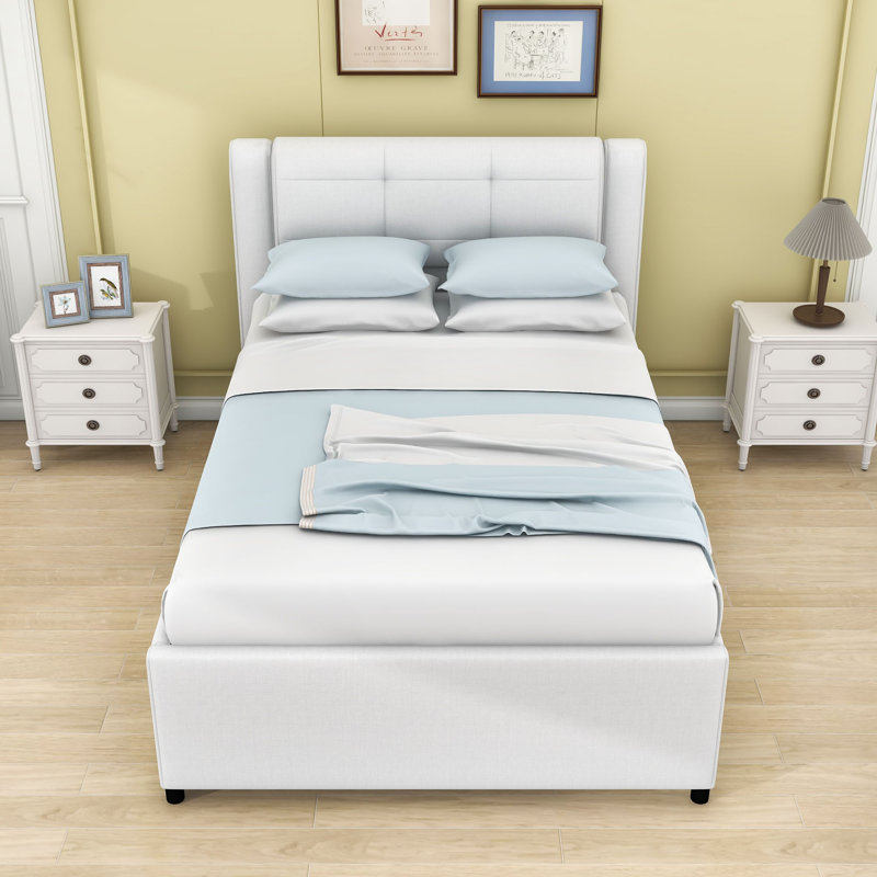 Full Wood Upholstered Platform Bed with Trundle, Beige