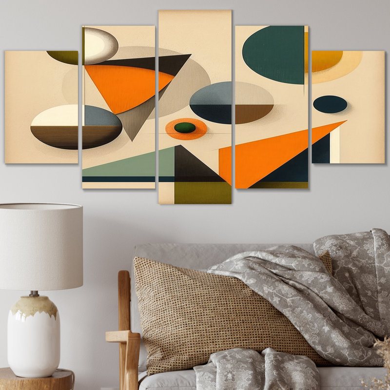 Mid-Century minimaliste géométrique en couleurs rétro III - salon d'art mural romantique - 5 panneaux