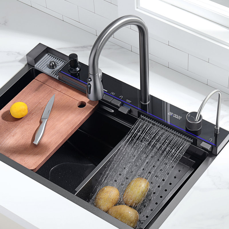 Évier de cuisine en acier inoxydable avec robinet escamotable Lefton 304, gris, KS2206