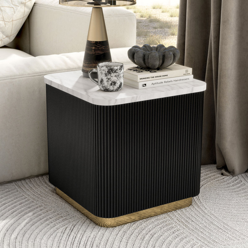 Kirtin 19.5"W Square Marble End Table With Gold Accent Base, Black