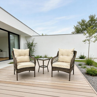 Ensemble de 3 pièces en rotin PE, ensemble de conversation avec 2 fauteuils rembourrés et table d'appoint en verre trempé, meubles en osier résistants aux intempéries pour la cour, le balcon et le jardin, beige