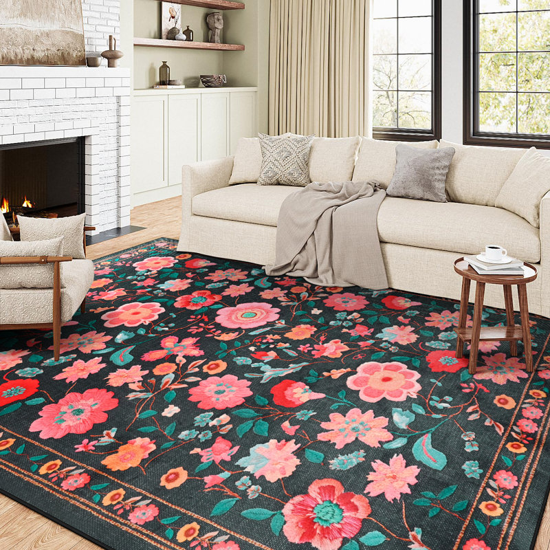 Large Floral Living Room Rug Washable Bedroom Rug Non-Slip Colorful Vintage Accent Floor Carpet For Home Decor