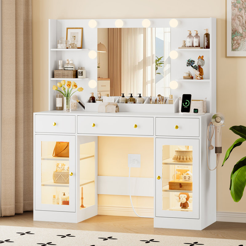 Meuble-lavabo rose de 47 po avec miroir DEL, armoire en verre RVB, prise de courant et 3 tiroirs, 3 modes d'éclairage, Blanc