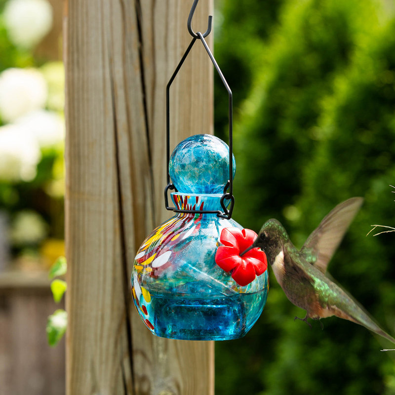 Glass Hanging Hummingbird Feeder, Blue