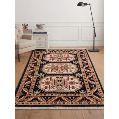 Tapis d'intérieur rectangulaire noir noué à la main en soie et laine noir crème