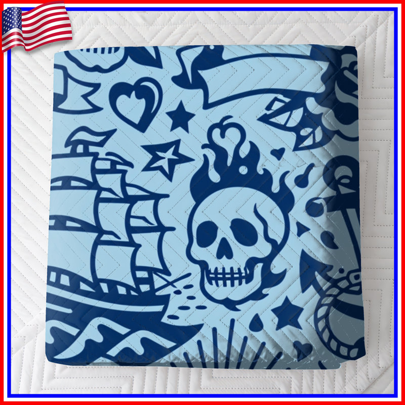Nautical Tattoo Pattern Quilted Bedspread All Sizes, Queen