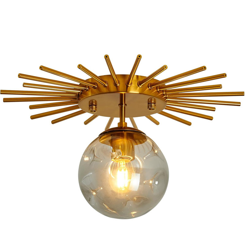 Gold Sunburst Semi Flush Mount Ceiling Light Fixture With Glass Globe 1-Light Small Chandelier Farmhouse Ceiling Lamp For Hallway Stairwell Foyer Office Entryway