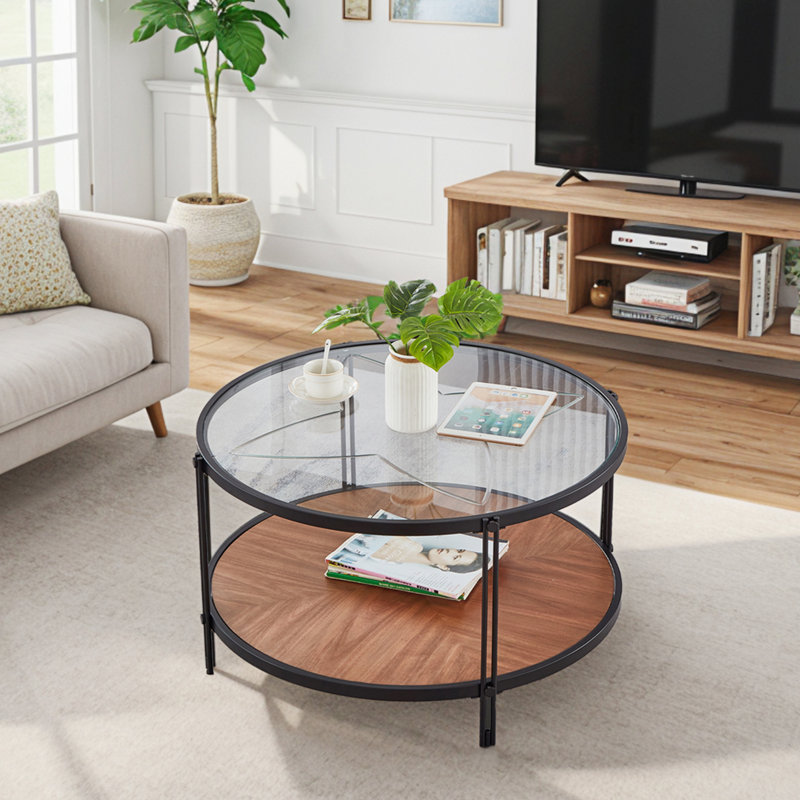 Round Coffee Table with Glass Top, 2-Tier Reversible Shelf Design and Metal Frame, Black