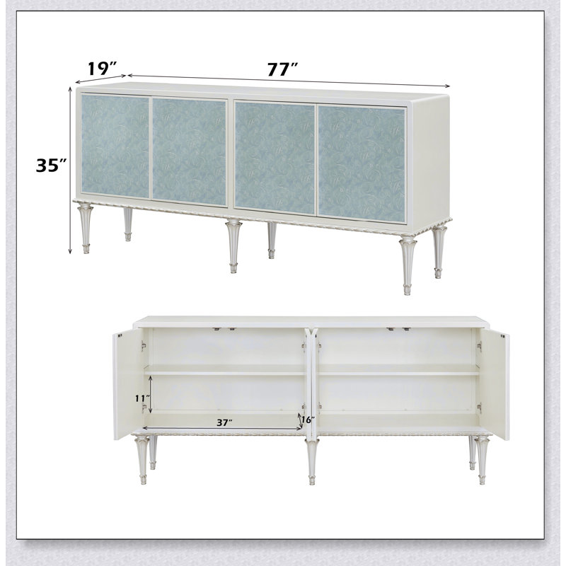 Armoire console Ansaldo blanc perle et argent scintillant avec rangement spacieux et design épuré pour la vie moderne