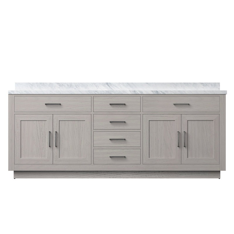 84" Double Bathroom Vanity Set, White Carrara Marble, White Oak