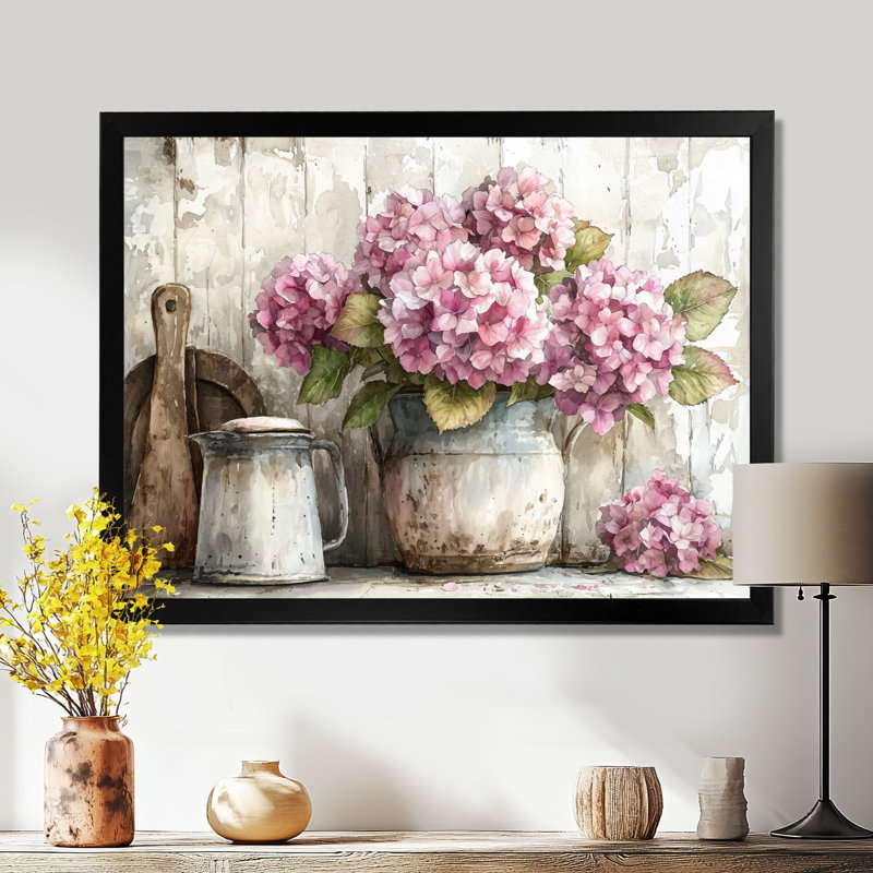Dormalee, Hortensias sur le comptoir de la cuisine I - Hortensia, art mural sur toile, Impression d'un seul cadre photo