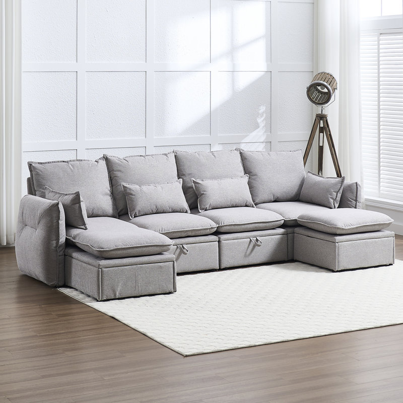 Canapé modulaire 114 pièces 6 pièces avec 2 repose-pieds 114 po, Lin gris