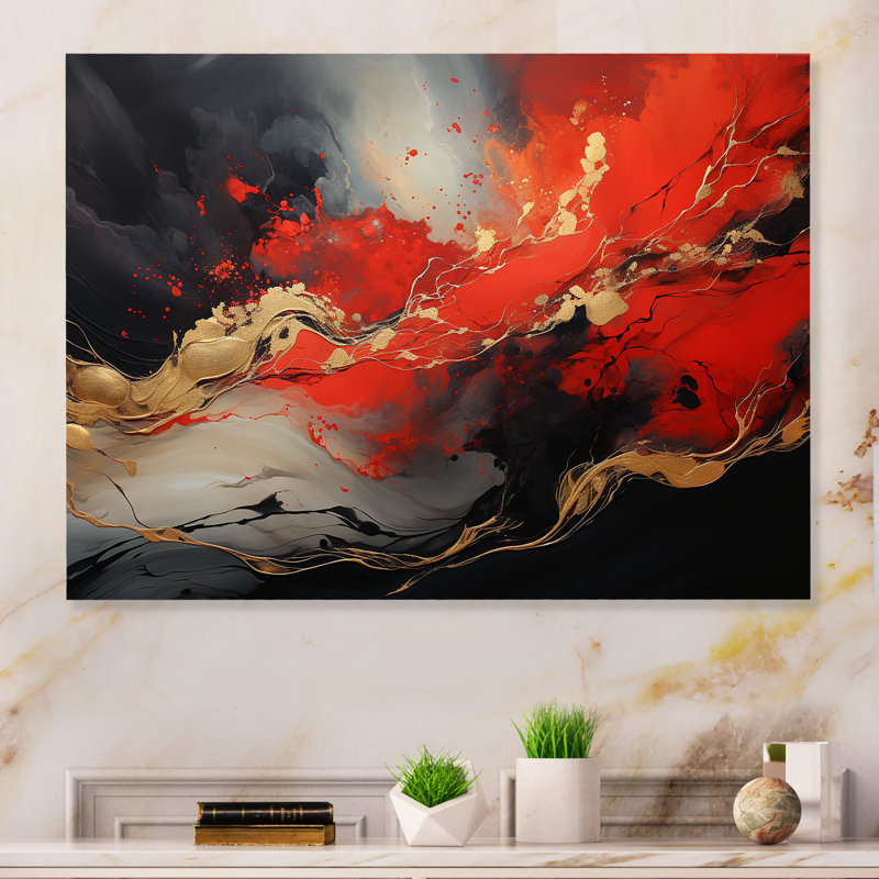 Volcan rouge et doré I - Art mural abstrait en métal MT137135, H 12 po x l 20 po x P 1 po