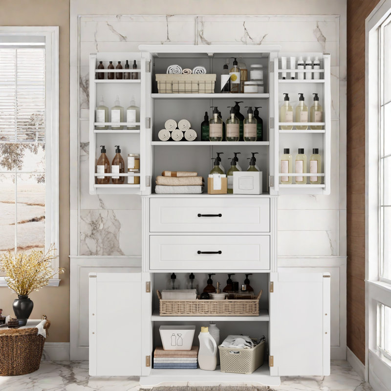 Armoire de rangement pour salle de bain avec 2 tiroirs, tablettes de porte, tablettes réglables et rayures verticales, Blanc