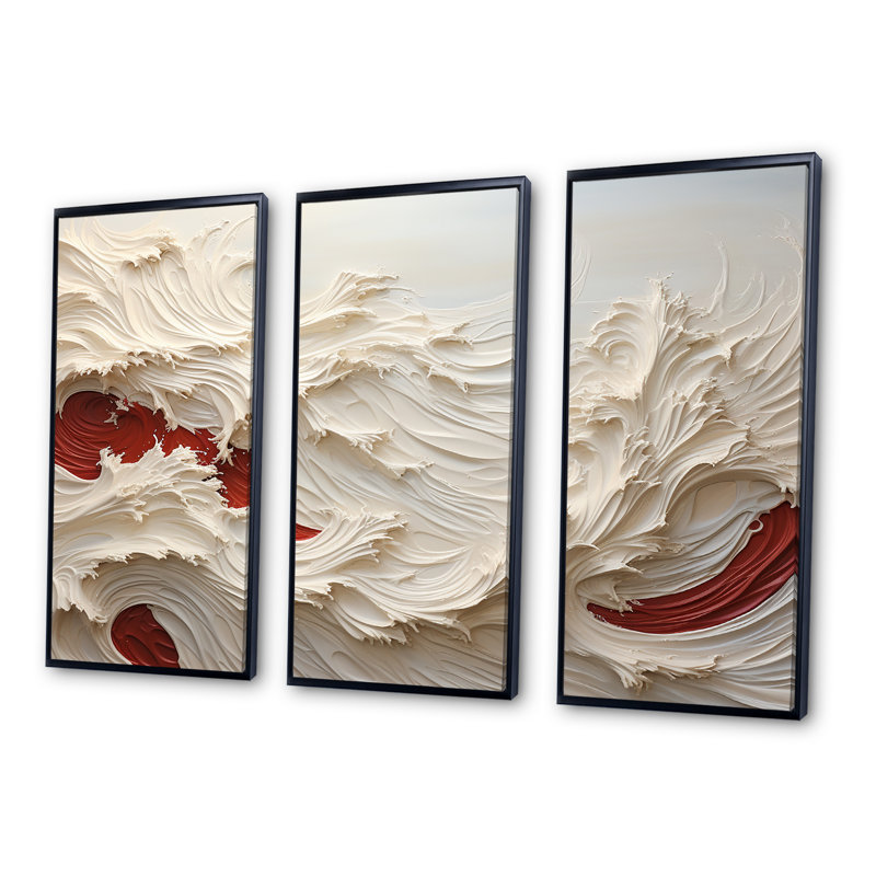 Ensemble de décorations murales vagues blanches et rouges style côtier, Cadre flottant noir, H 40 po x l 60 po x P 1 po
