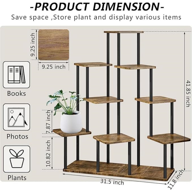 Support à plante en bois à 9 niveaux pour support de plante en métal