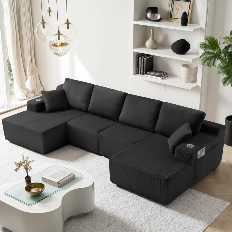 Canapé modulaire en U Una avec velours côtelé extra large et support à ressorts, Black