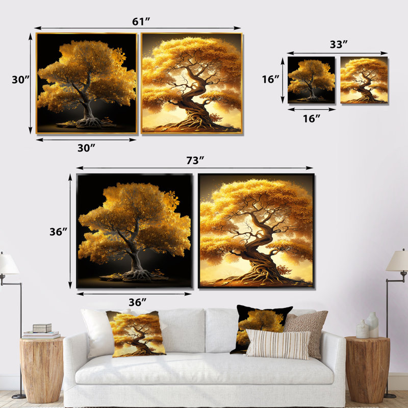 «Majestic Yellow Golden Tree», 2 pièces, Toile tendue, H 36 po x l 73 po