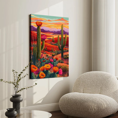 Paysage vibrant de cactus du désert au coucher du soleil, impression sur toile tendue grand format pour salon ou chambre
