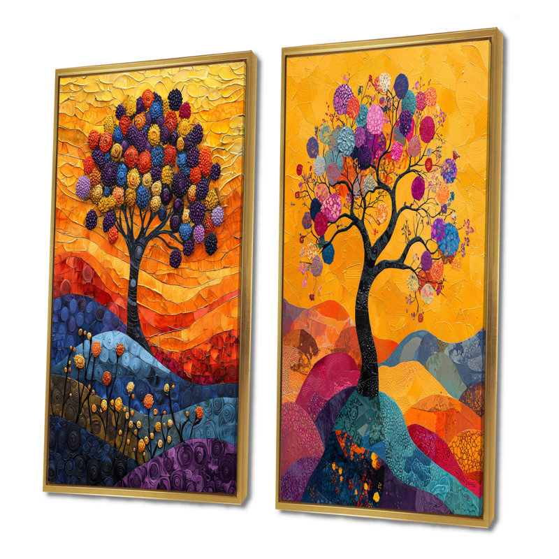 Ensemble de 2 œuvres d'art sur toile orange, branches de folklore orange Tree of Life III, H 28 po x l 24 po