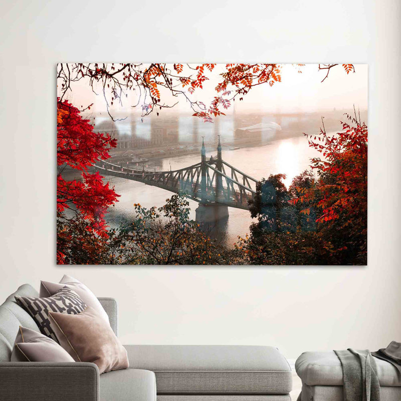 Art mural moderne en forme de pont d'arbre rouge avec verre trempé pour décoration intérieure contemporaine et espaces de vie