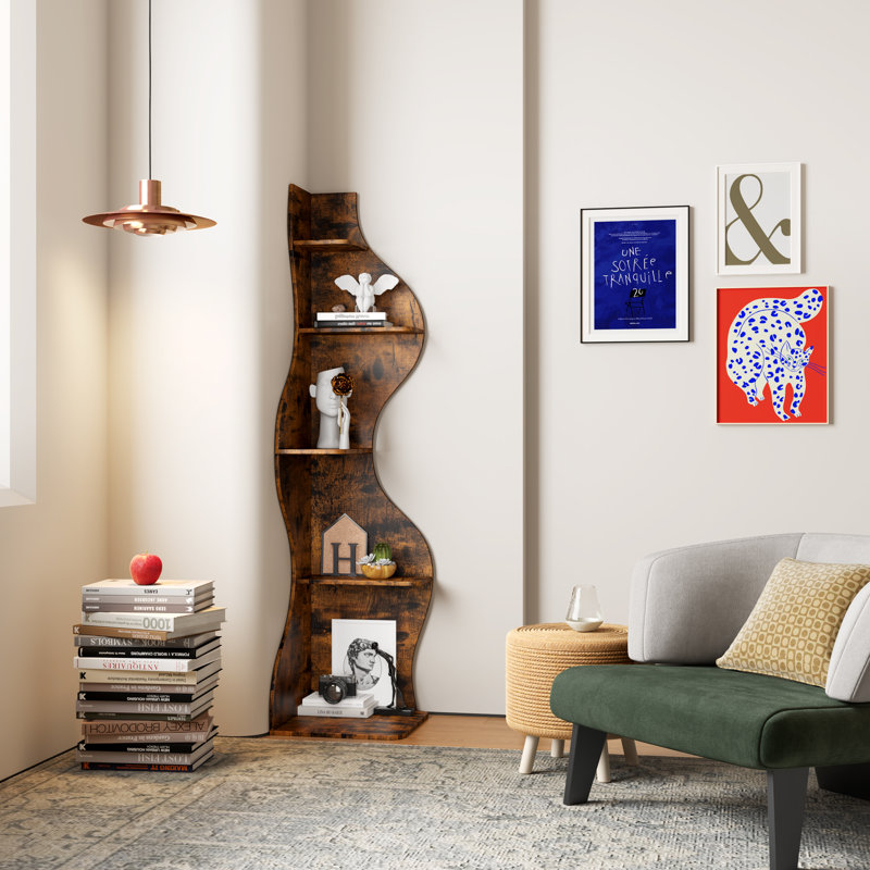 Bibliothèque d'angle, étagère murale moderne à 5 niveaux avec petit support de rangement ondulé pour petit espace, Rustic