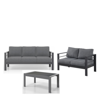 Ensemble de conversation de patio 3 pièces en aluminium 3 pièces, canapé d'extérieur 5 places avec coussins épais gris foncé et structure grise et table basse