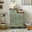 Commode décorative en bois sculpté 1 porte Fienley Farmhouse avec 5 tiroirs, armoire vert sauge, plateau brun rustique-1968224198