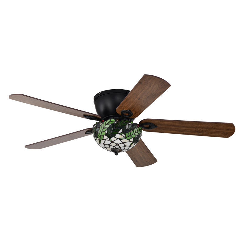 Ventilateur de plafond encastré lumineux de 52 po Kyemon Fronds blanc vert vert Lampe en verre Tiffany finition noire