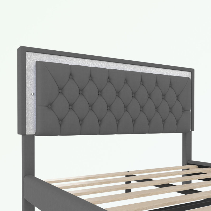 Ensemble de chambre à coucher 3 pièces avec lit grand et lumières DEL et deux tables de chevet, gris