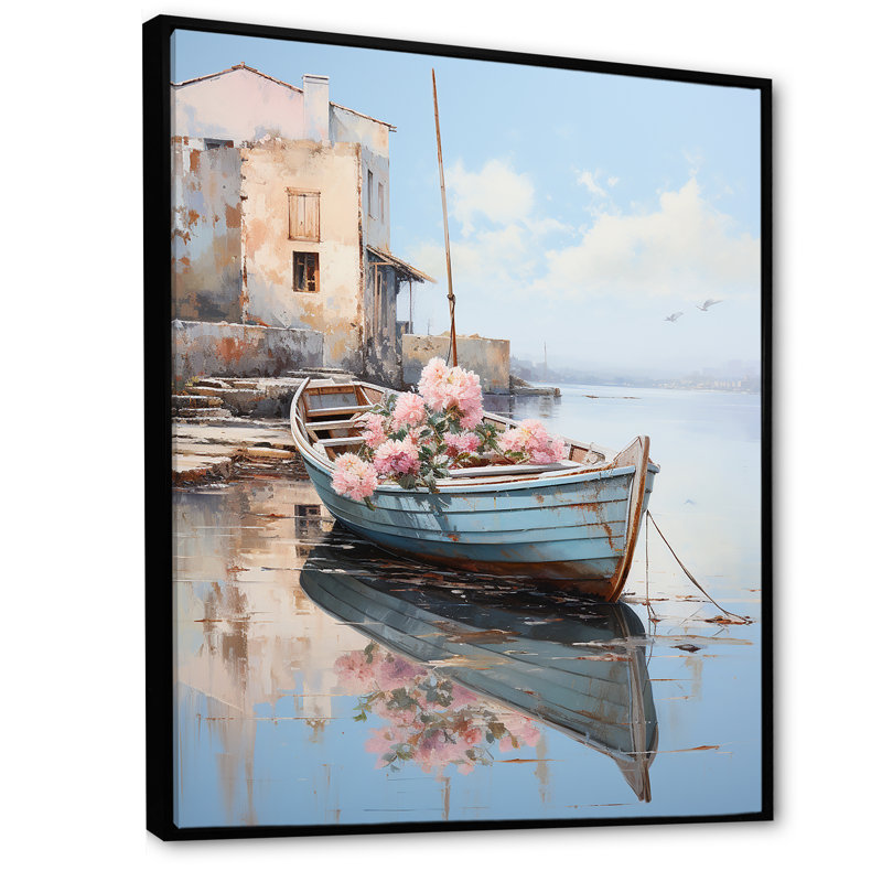«Pastel Port Boat Blooms II» - art mural bateau côtier, Cadre flottant noir, H 20 po x l 12 po x P 1 po