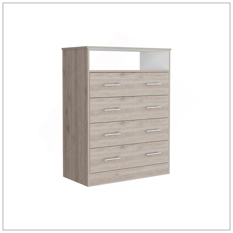 L Commode 4 tiroirs, plateau supérieur, 1 tablette ouverte - gris clair / blanc