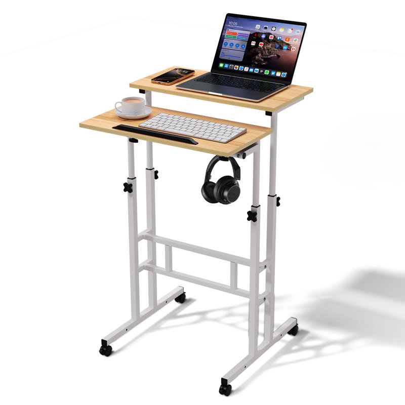 Computer Desk with Tilting Table, Adjustable Small Standing Desk W/ Monitor Shelf for Office, Natural/White