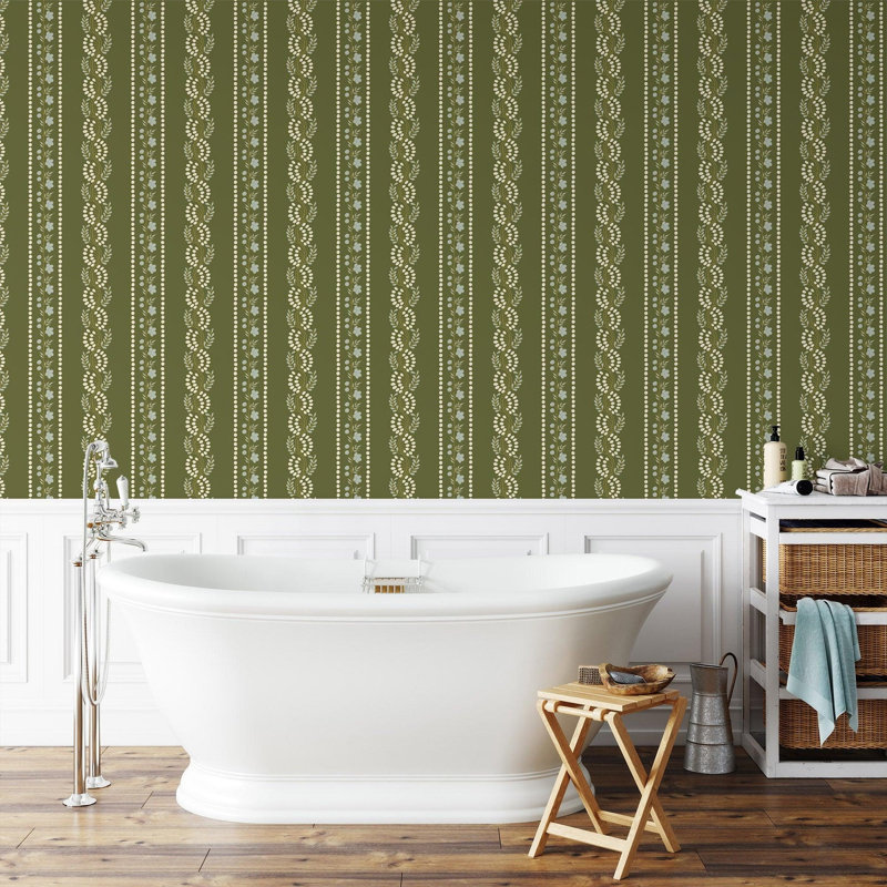 Lady Charlotte Botanic Stripe 10' L x 24" W Peel and Stick Wallpaper Roll, Olive, Faux Grasscloth