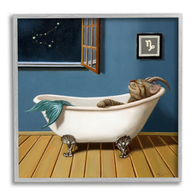 «Mystical Cat Mermaid Bath Capricorn Astrology Constellation» par Lucia Heffernan - peinture sur toile à cadre flottant