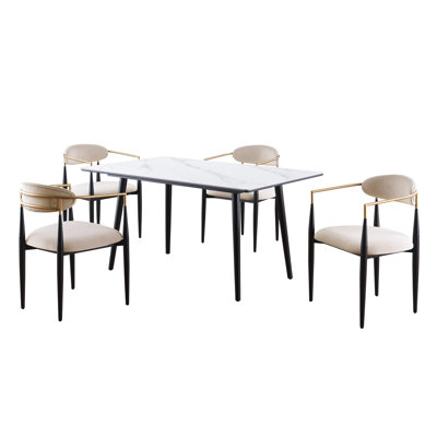 Table contemporaine 5 pièces avec table en pierre frittée blanche et chaises rembourrées taupe pour les réunions de famille avec 4 sièges