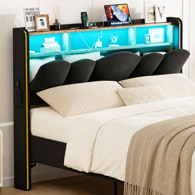 Queen Size Hidden Storage Headboard, Velvet Upholstered Wingback Headboard With Led Lights, Charging Station, 2-Tier Shelves, Storage Pockets, Attach Frame, Easy Assembly, Black