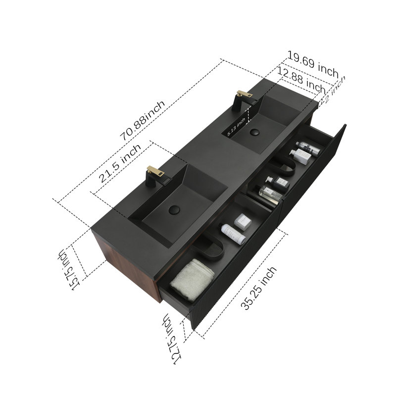 Meuble-lavabo flottant en noyer fumé 72 po VEXEL, Noir, 72 po