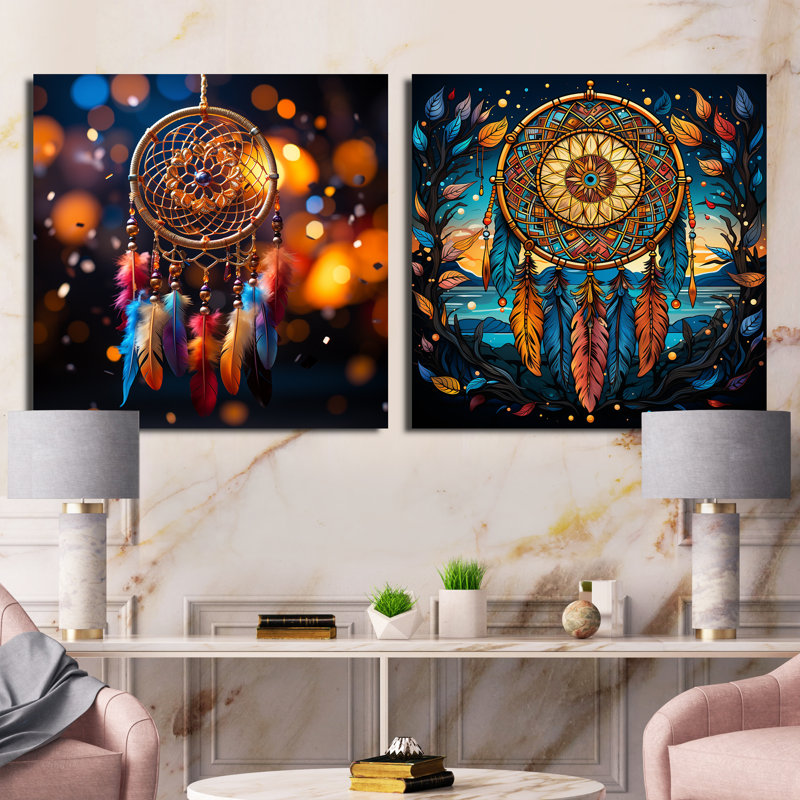 Dreamcatchers Dance - Dream Catcher, ensemble de 2 collages carrés, H 16 po x l 33 po, Toile tendue