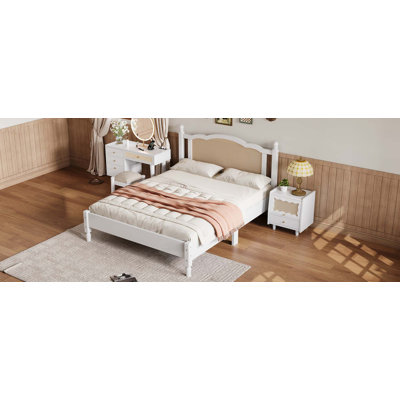 3 Pieces Bedroom Set With  Wooden Bed Frame, 1 Vintage  Nightstand And 1 Makeup Vanity Set With Stool
