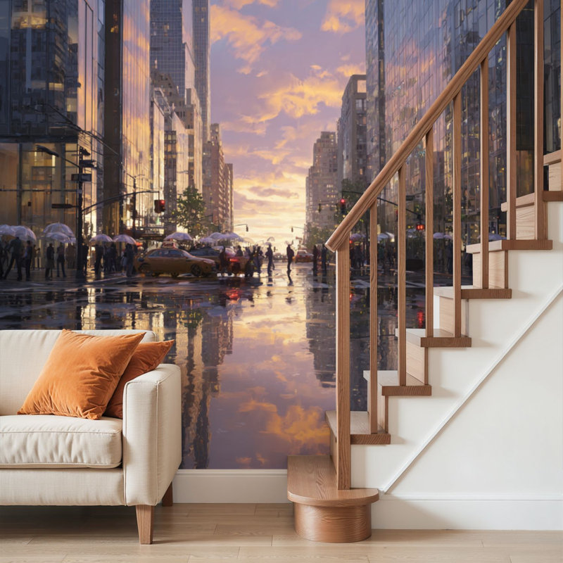 Adhésif mural amovible Peel and Stick City Street Sunset Reflections, L 69 po x l 96 po