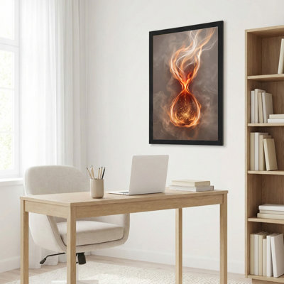 Art mural sur toile noir encadré pour le salon, la chambre à coucher, le bureau ou le vestibule - Décoration murale décorative avec sablier flamme