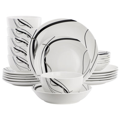  Sarah 24 Piece Porcelain Black Ribbon Double Bowl Dinnerware Set, Service for 6 in White and Black