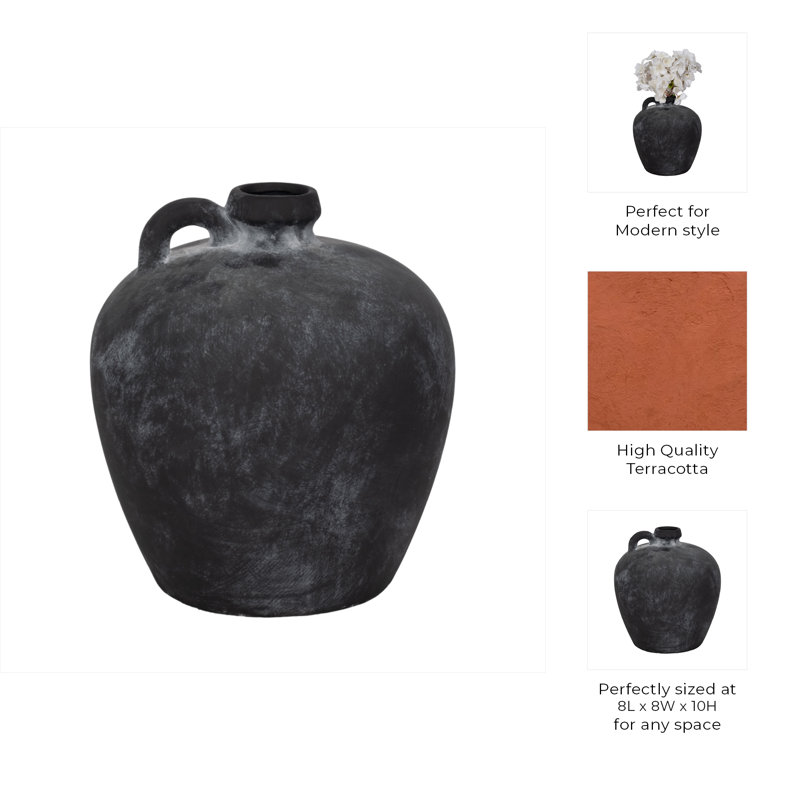 Terracotta Pottery Vase with Handle Modern Decorative Sculptural Accent Jar Styled Design